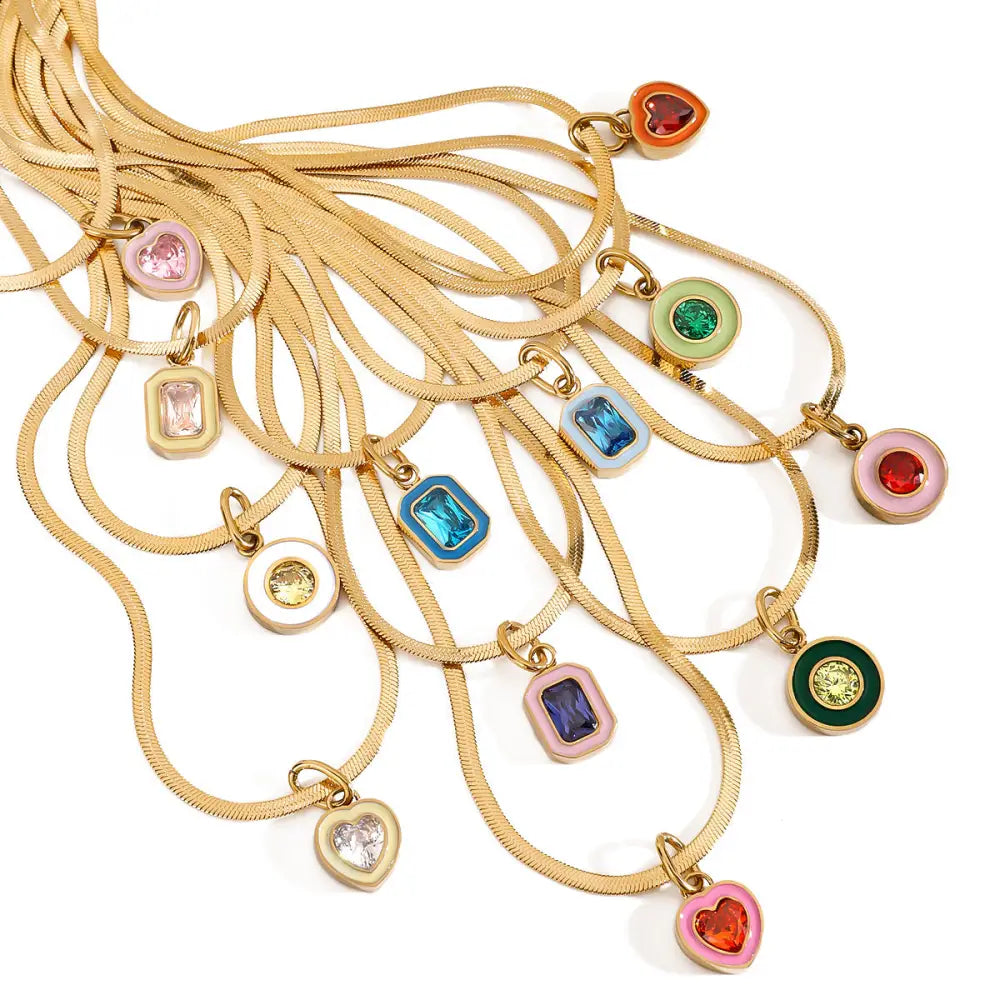 Colour Pop Necklace - enamel pendant with radiant stone on gold snake chain