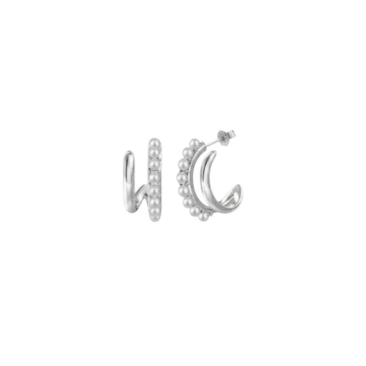 Faux Pearl Curve Earrings in White Gold-plated silver with sculpted arc design and luminous faux pearls.