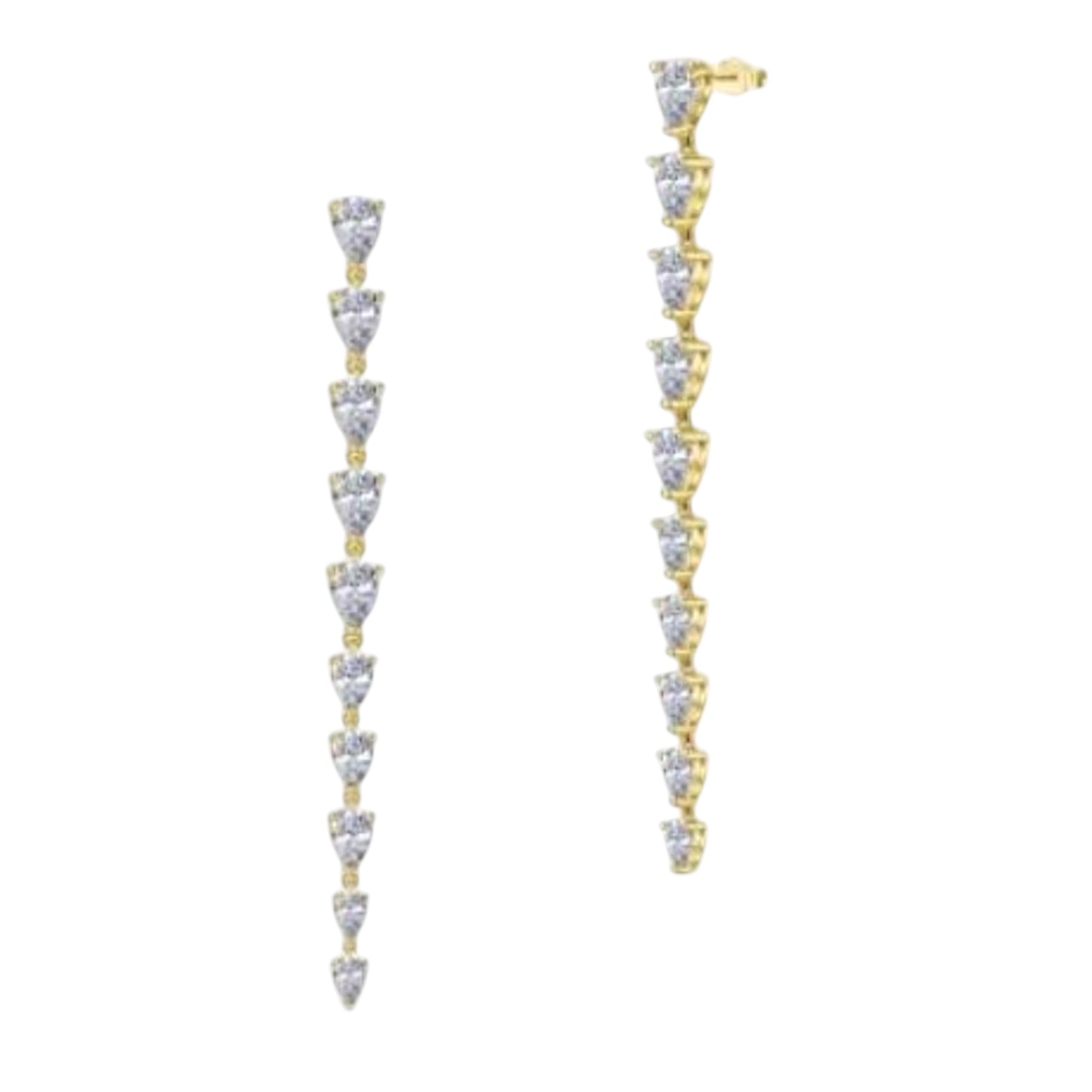 Gold Cascading Heart Earrings in 18ct Gold plating with cascading heart-shaped zirconia stones and dramatic 83mm drop length.