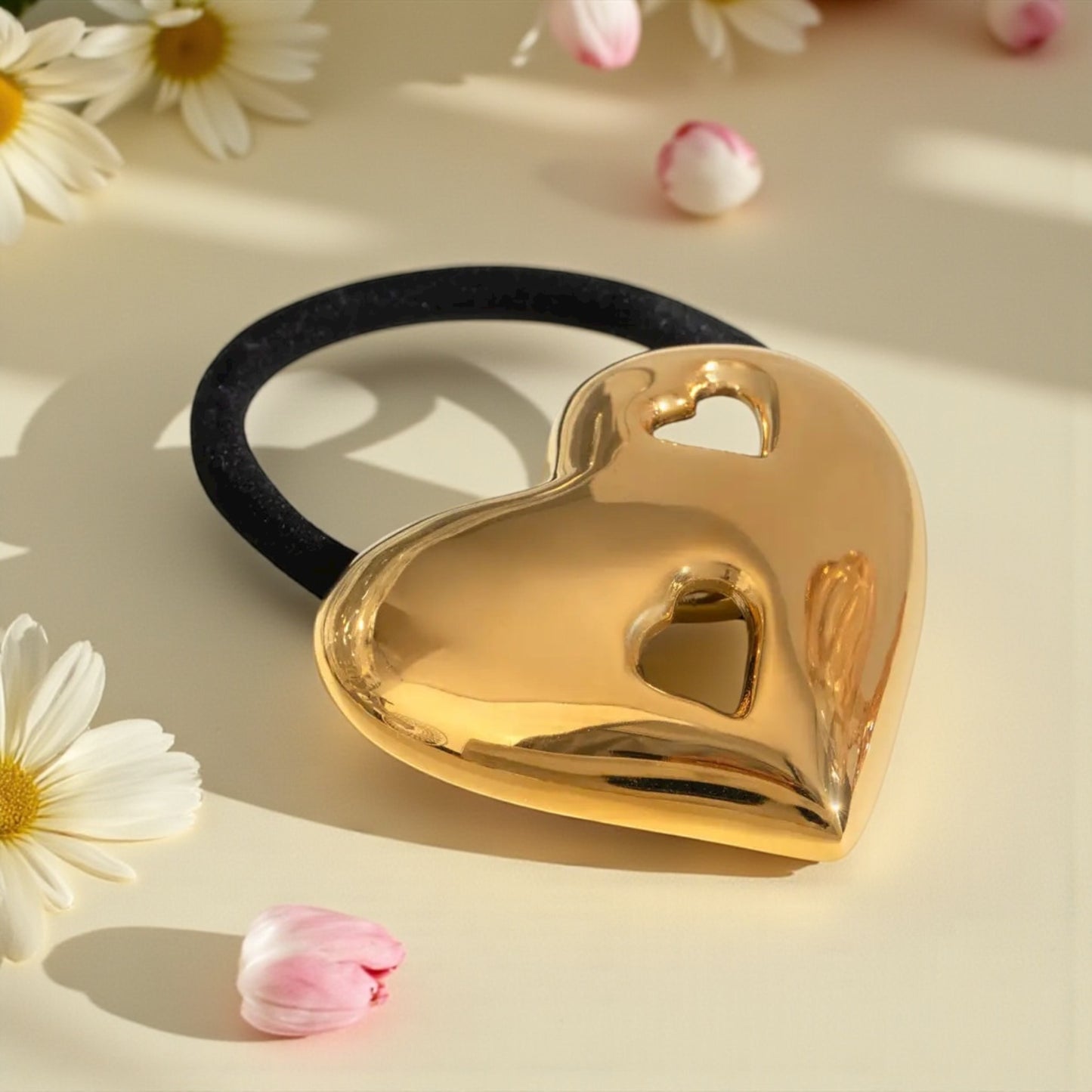 Golden Heart Hair Tie - polished 18ct gold plated heart on black elastic