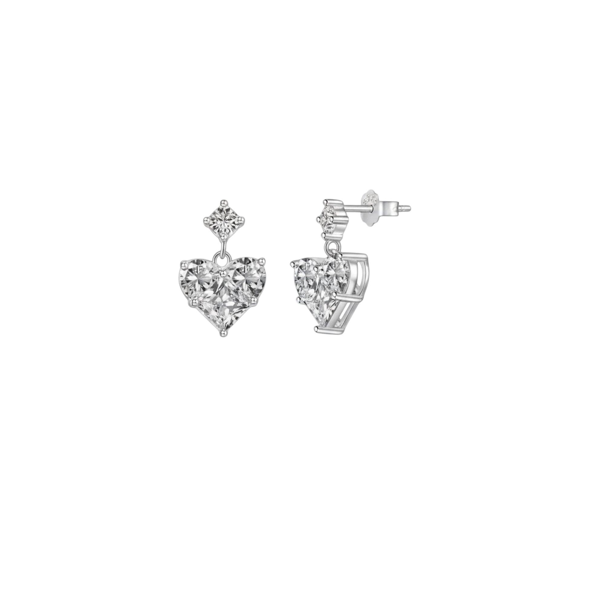 Heart Drop Earrings in White Gold-plated sterling silver with round zirconia stud and faceted heart drop design