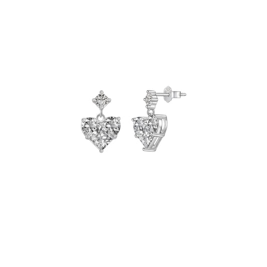 Heart Drop Earrings in White Gold-plated sterling silver with round zirconia stud and faceted heart drop design