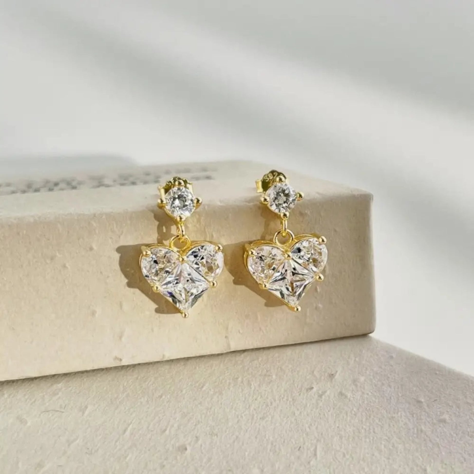 Heart Drop Earrings in 18ct Gold sterling silver with round zirconia stud and faceted heart drop design