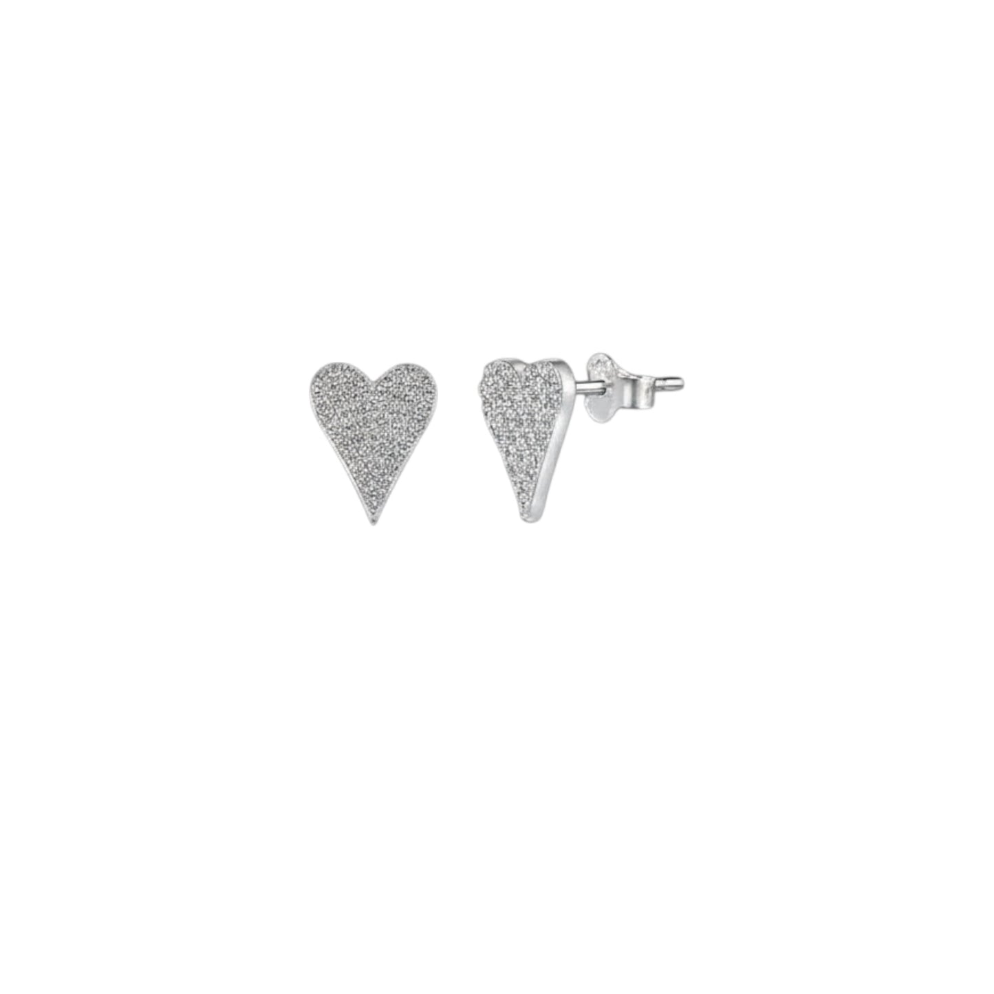 Pavé Heart Studs in sterling silver with white gold plating, elongated heart shape encrusted with pavé stones.