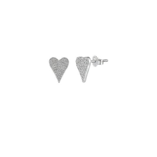 Pavé Heart Studs in sterling silver with white gold plating, elongated heart shape encrusted with pavé stones.