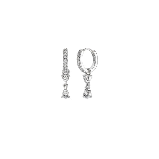 Sparkle Drop Huggie Earrings - sterling silver huggie hoops with pavé zirconias and detachable charm drops plated in White Gold.