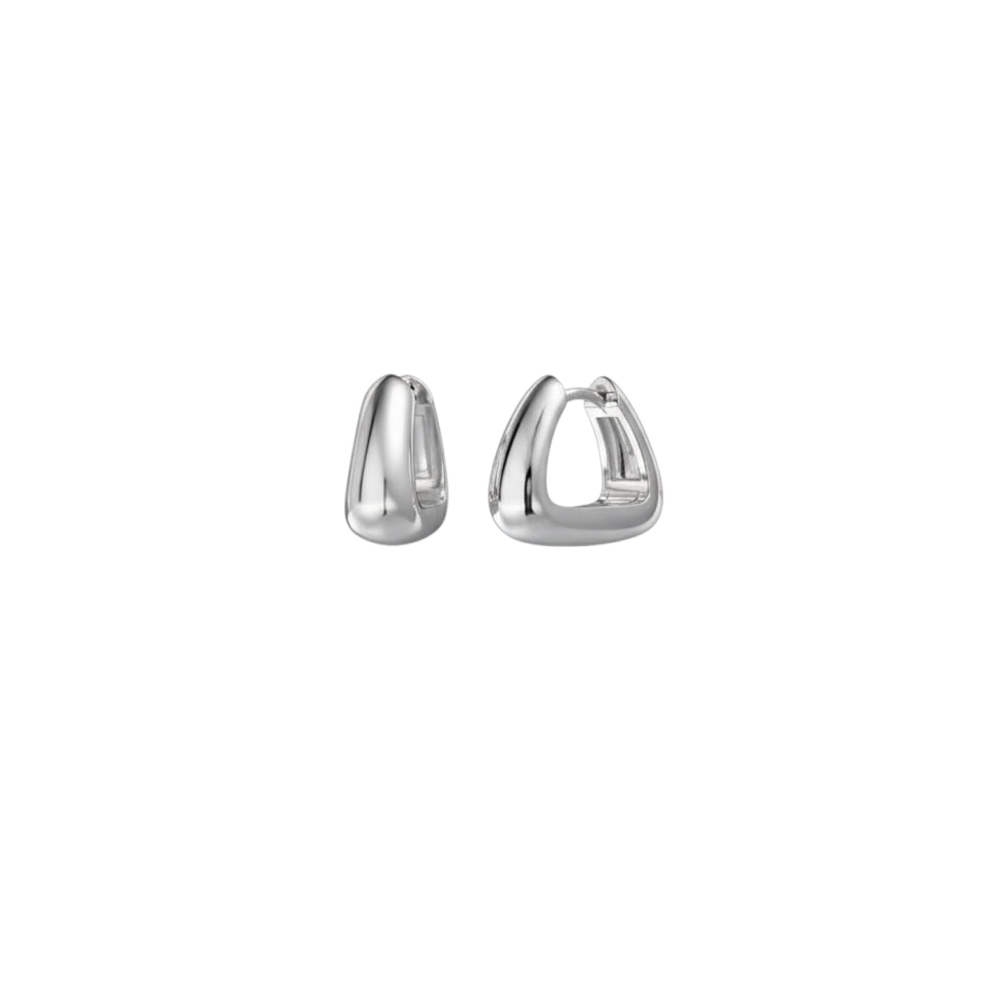 Triangle Huggie Earrings — sterling silver huggies with a modern triangular design, available in white gold plating for a sleek, sculptural finish.