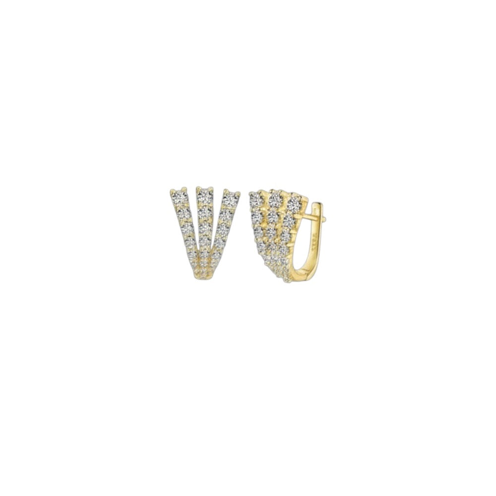 Triple Row Pavé Earrings in sterling silver with three rows of zirconia sparkle, plated in luminous 18ct gold.
