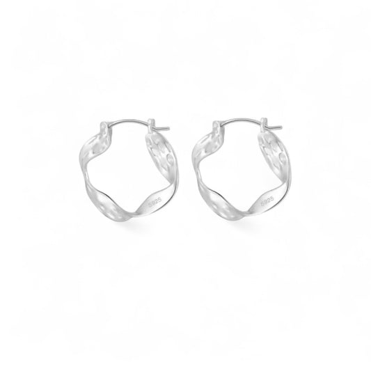 Twist Hoop Earrings in sterling silver with sculpted twisted design and White Gold plating.