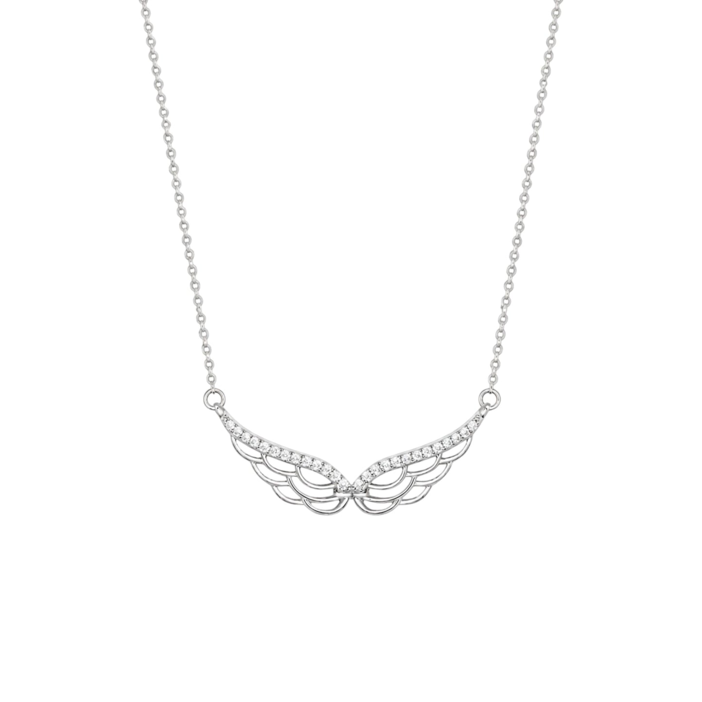 Angel Wing Necklace in White Gold plated 925 Sterling Silver with openwork wings and pavé zirconia detailing