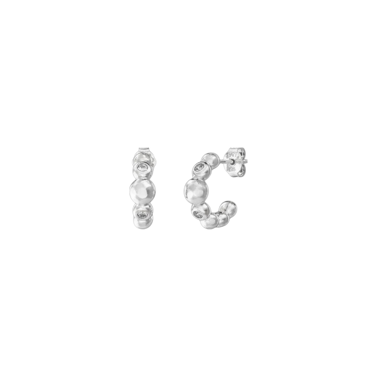 Beaded half hoop earrings in gold and white gold plated sterling silver