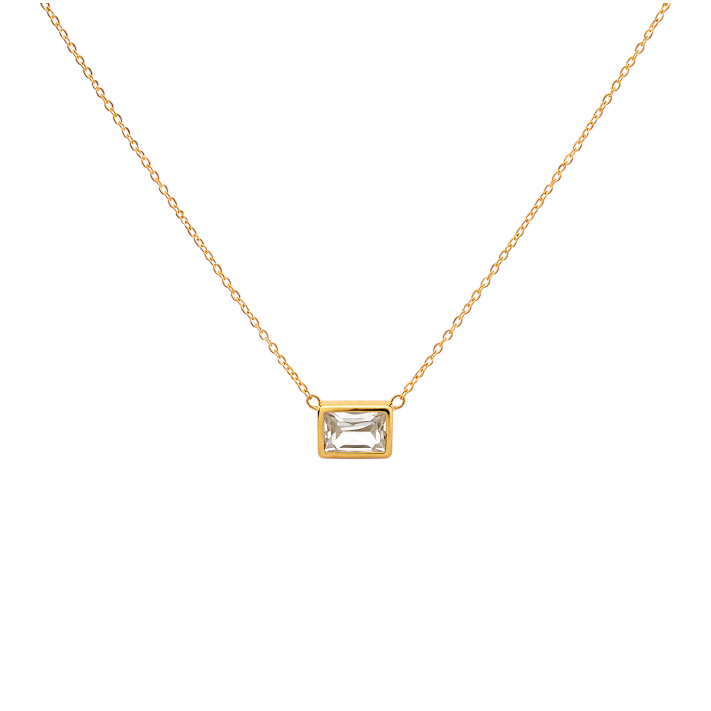 Bezel Set Necklace in 925 Sterling Silver with 18ct Gold plating featuring a rectangular clear stone in a polished bezel setting