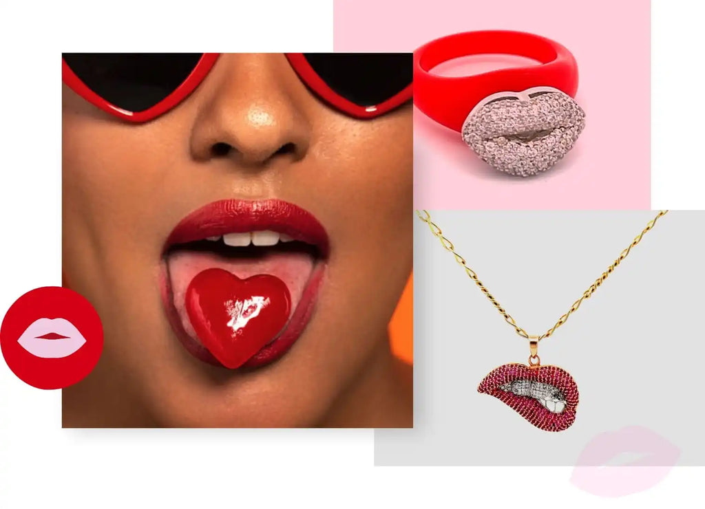 A collection of lip-themed jewelry and accessories.