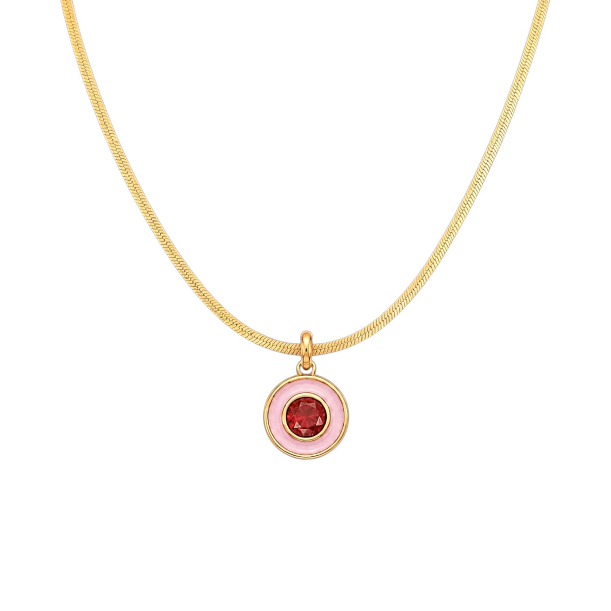 Scandal Kiss Colour Pop Necklace with round pink and red stone detail on a gold snake chain