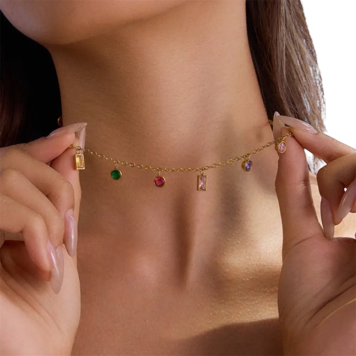 18ct gold plated necklace featuring colourful stones in varying shapes, sizes and colours