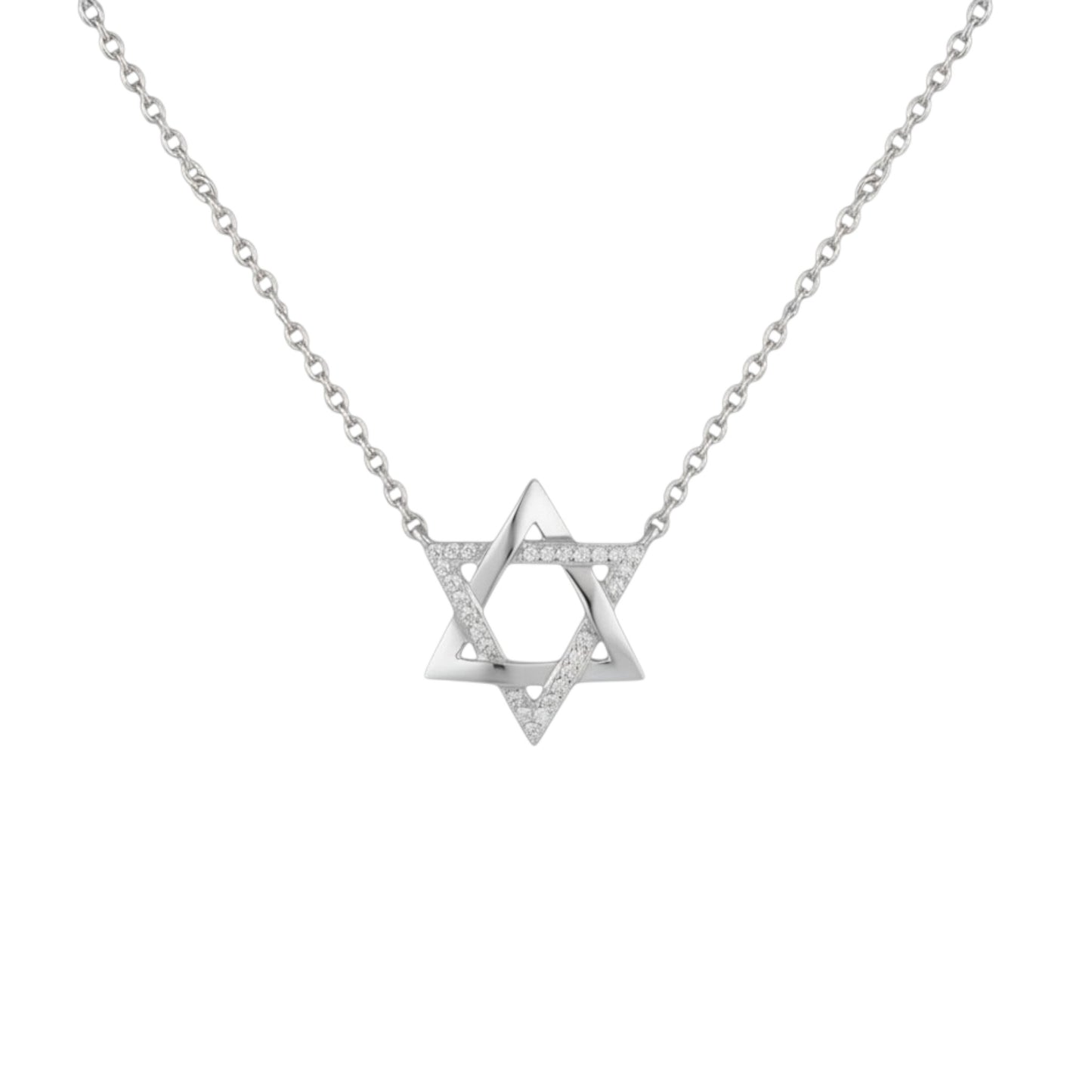 White gold plated Magen David necklace in sterling silver with pavé zirconia detailing