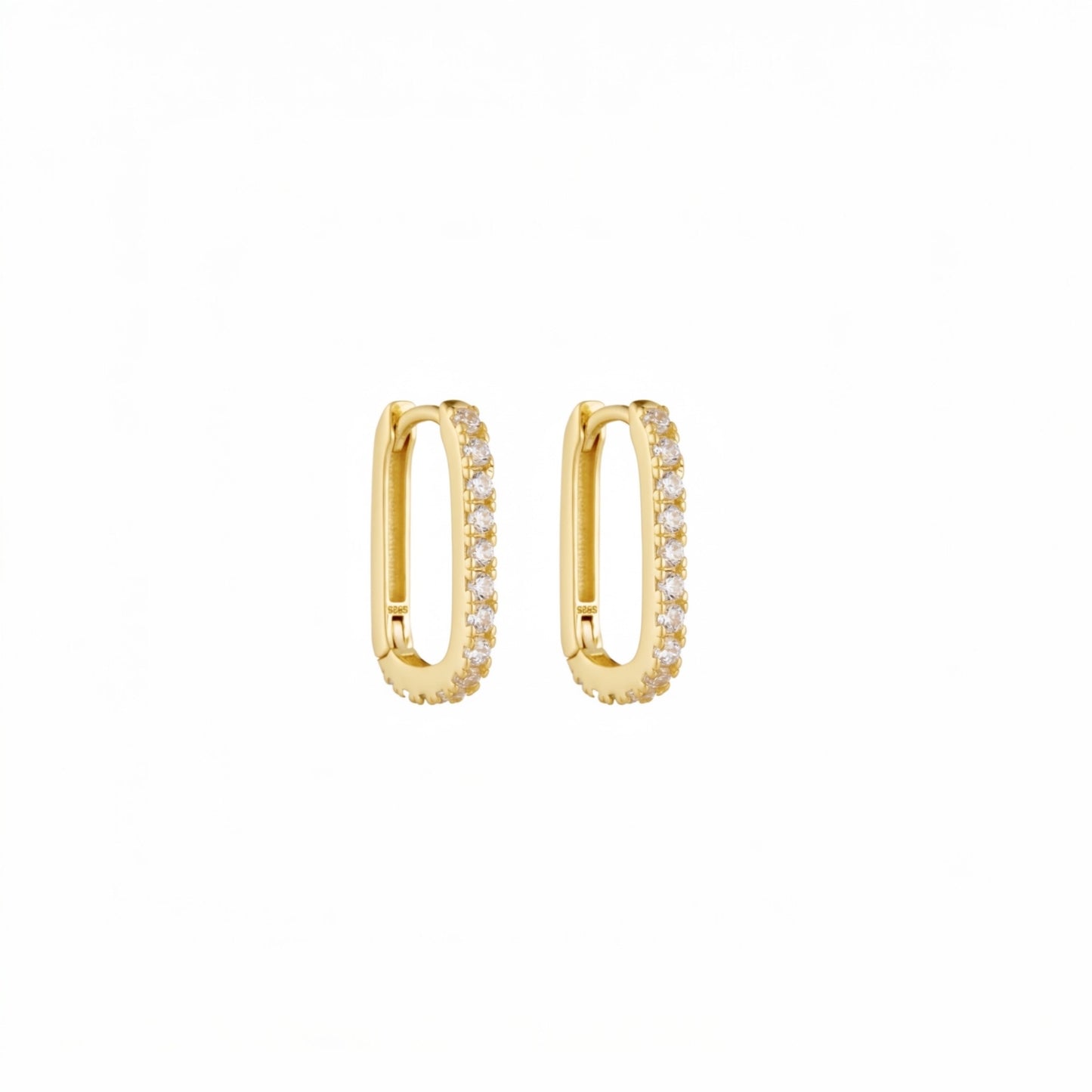 Gold elongated pavé hoop earrings in 925 sterling silver with zirconia stones (10 × 15mm)