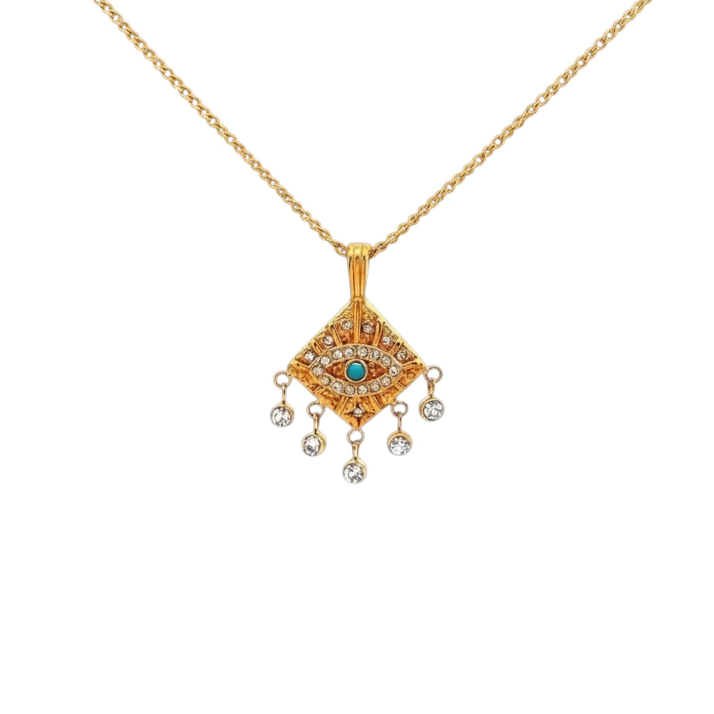 Evil Eye Chandelier Necklace in gold-plated stainless steel with turquoise centre stone, pavé zirconias, and drop accents