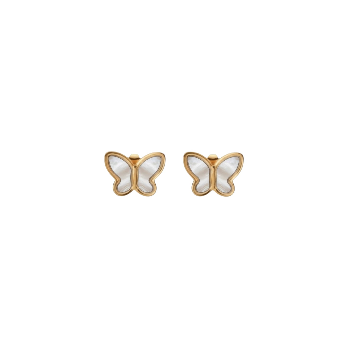 Gold butterfly stud earrings with white inlay detail in stainless steel