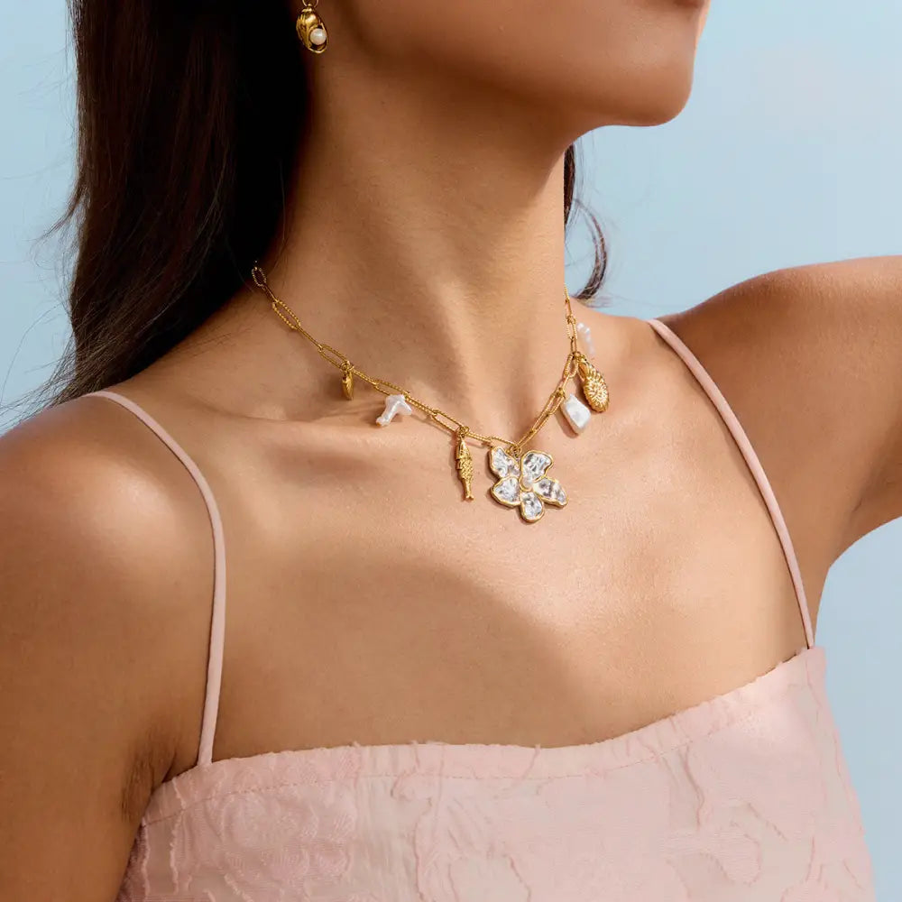 Gold Floral and Seashell Charm Necklace Necklaces