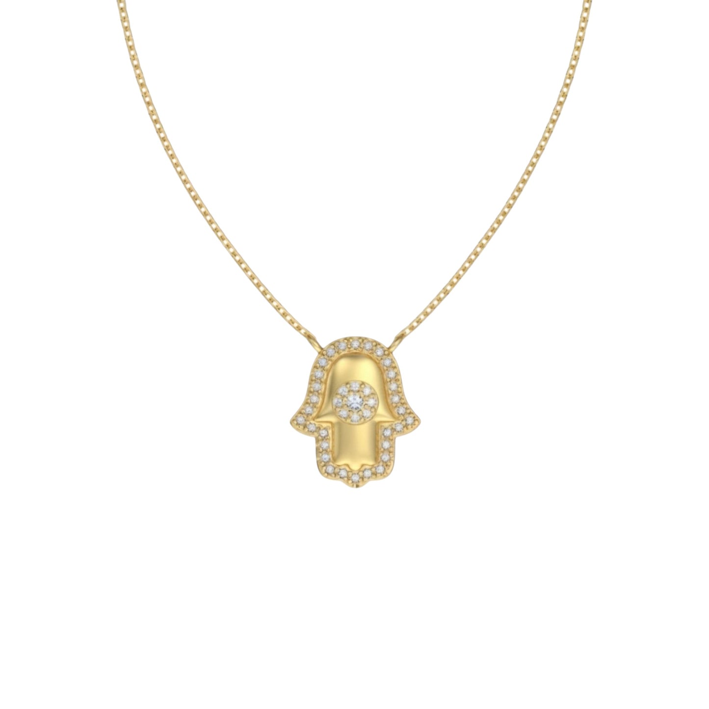 Gold Hamsa Necklace in gold plated sterling silver with pavé zirconia detail on 40cm adjustable chain