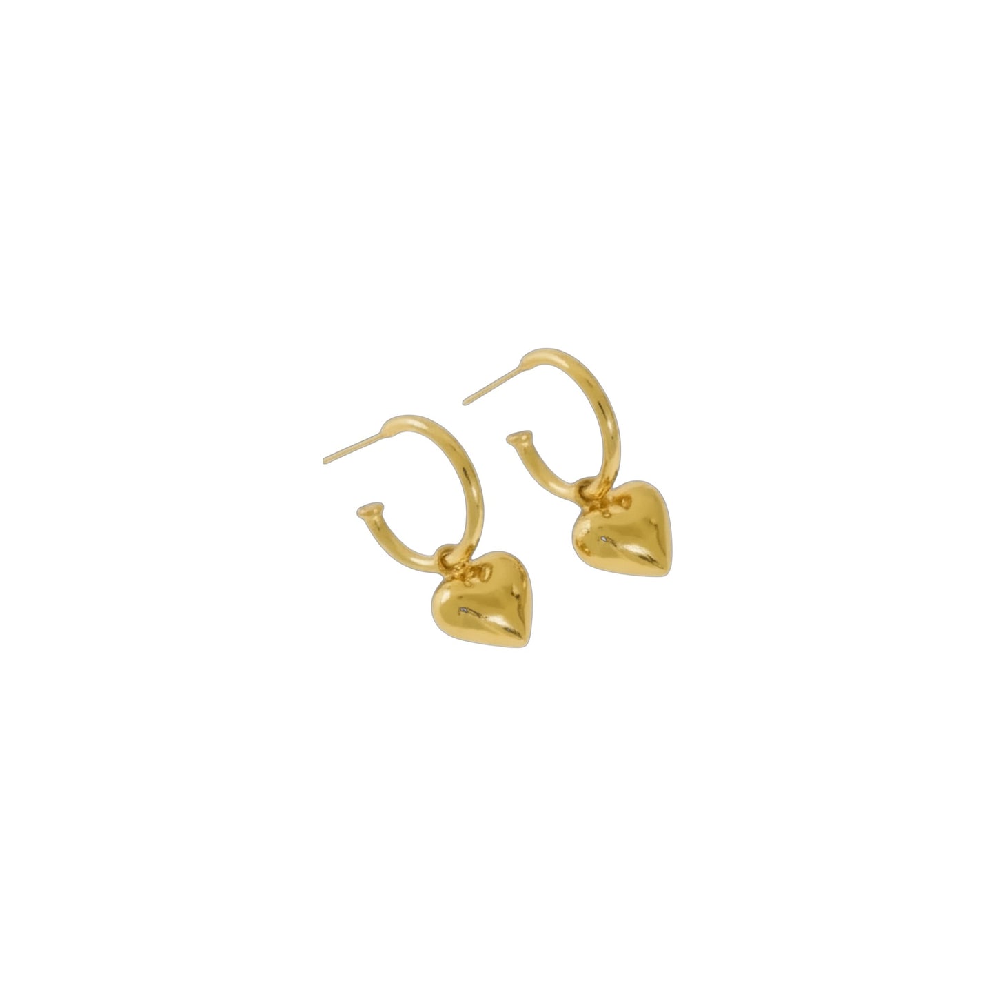 Gold hoop earrings with polished heart charms in sterling silver