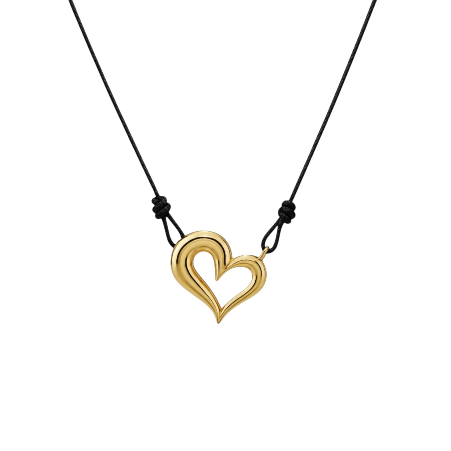 Gold Heart Cord Necklace with a sculpted open-heart pendant on an adjustable black cord