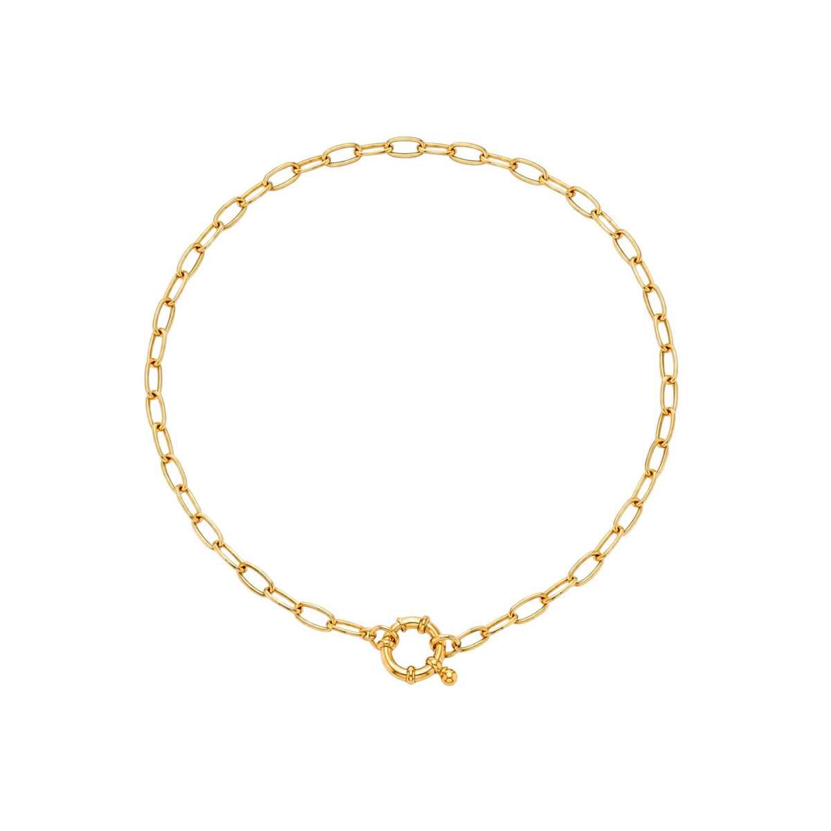 Scandal Kiss gold round link toggle Scandal Kiss Gold Link Charm Necklace with elongated links and a distinctive circular front clasp