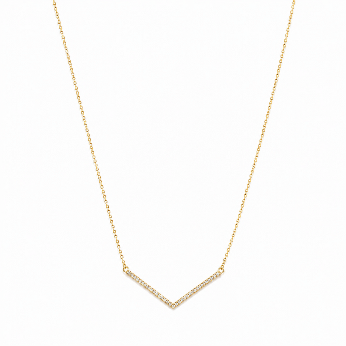 Gold V Necklace with closely set zirconia stones along the V-shaped centre