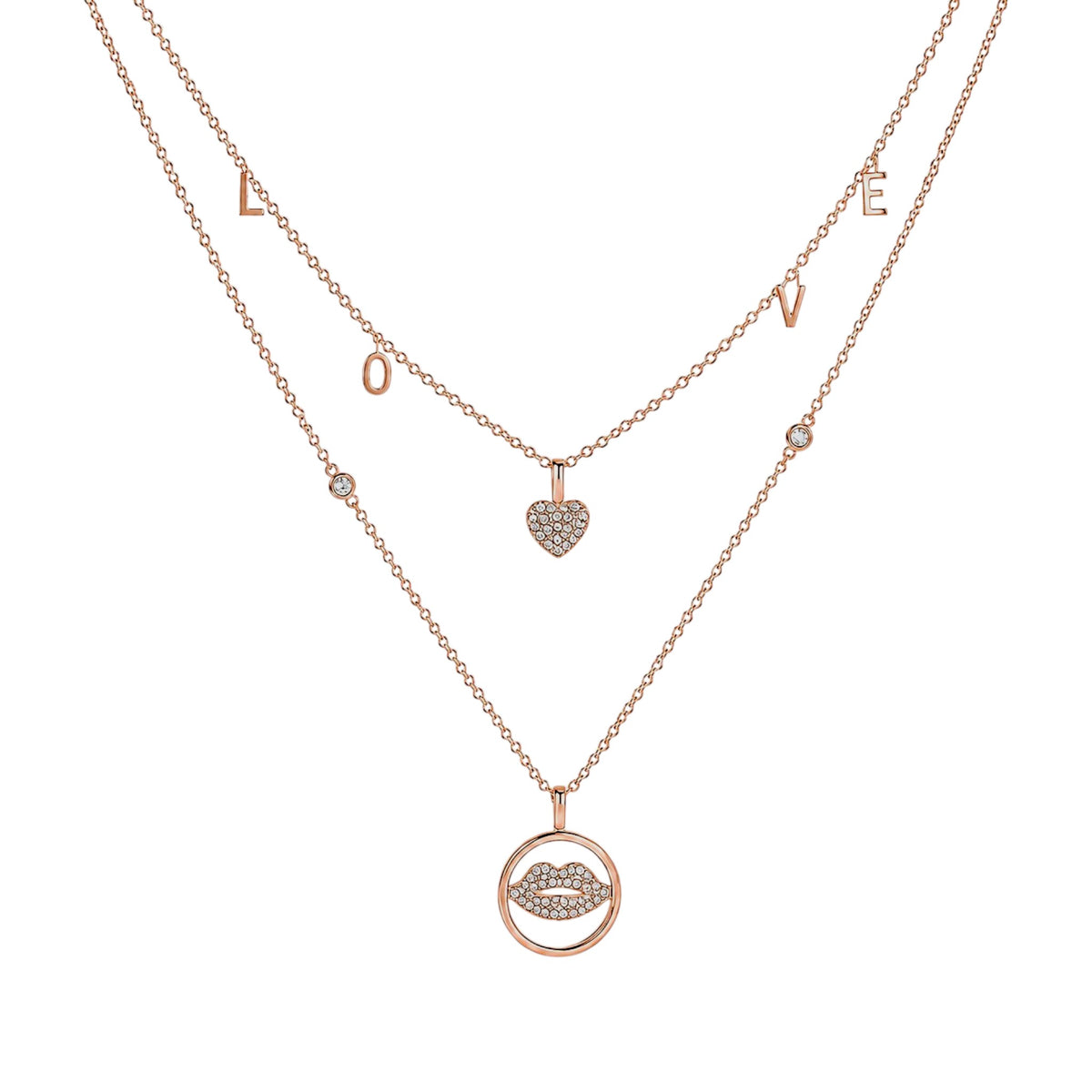 Rose Gold Colour Layered Love and Lips Necklace in 925 Sterling Silver with LOVE letters, heart and circular lips pendant