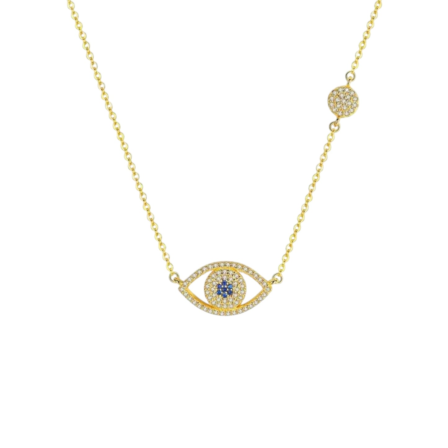 Pavé Evil Eye Necklace in 18ct Gold plated 925 Sterling Silver with zirconia, blue centre stone and pavé disc detail