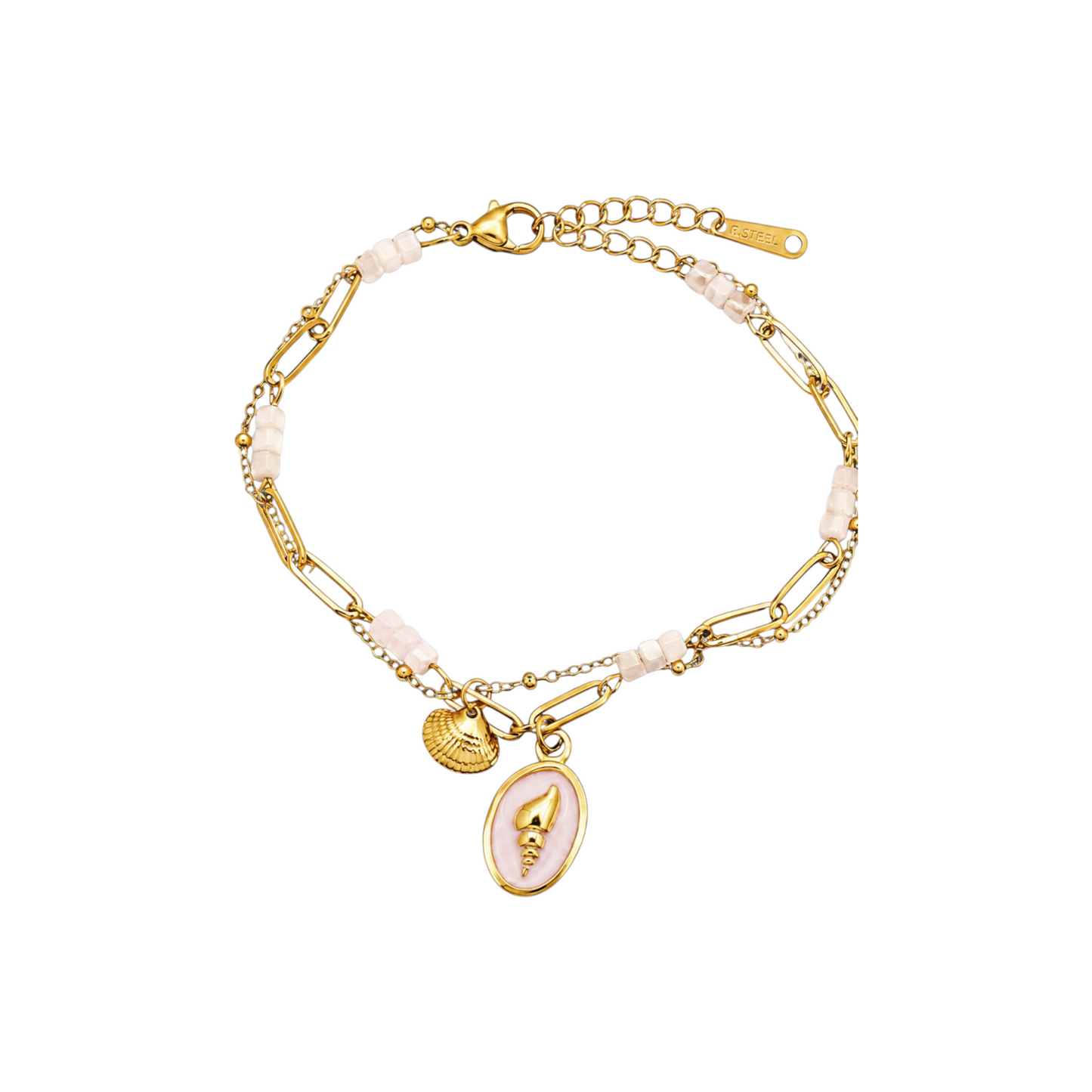 Pink Cameo Charm Bracelet with a cameo medallion, shell charm and delicate bead accents
