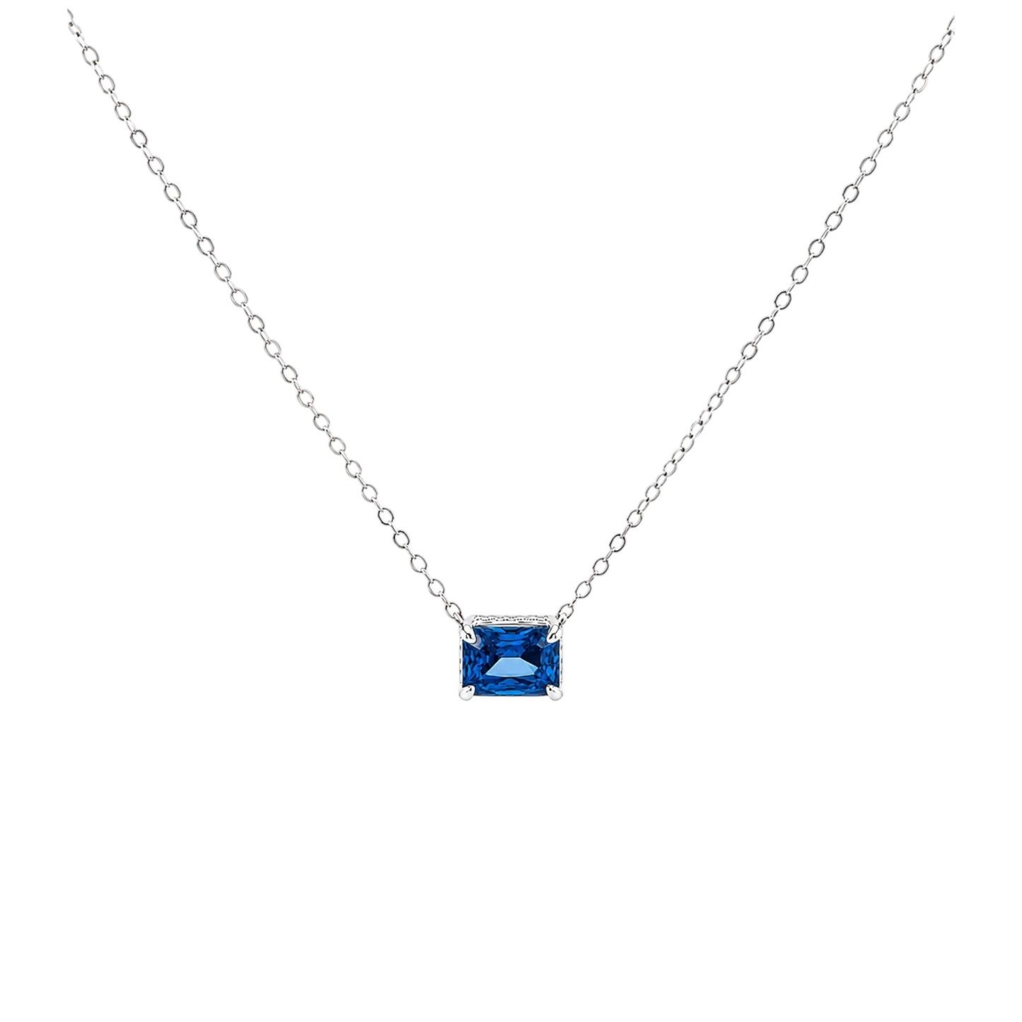 Rectangle Stone Necklace in 925 Sterling Silver with White Gold plating featuring a sparkling rectangular blue stone with delicate zirconia detailing