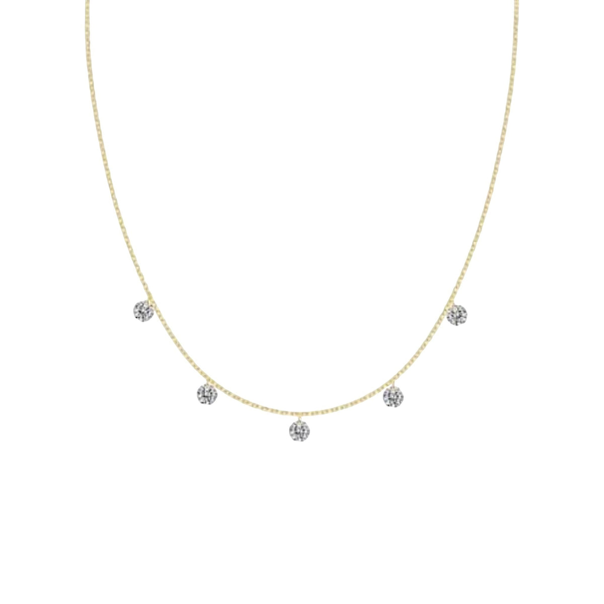 Scandal Kiss gold plated sterling silver necklace featuring five delicate zirconia stones on a fine chain