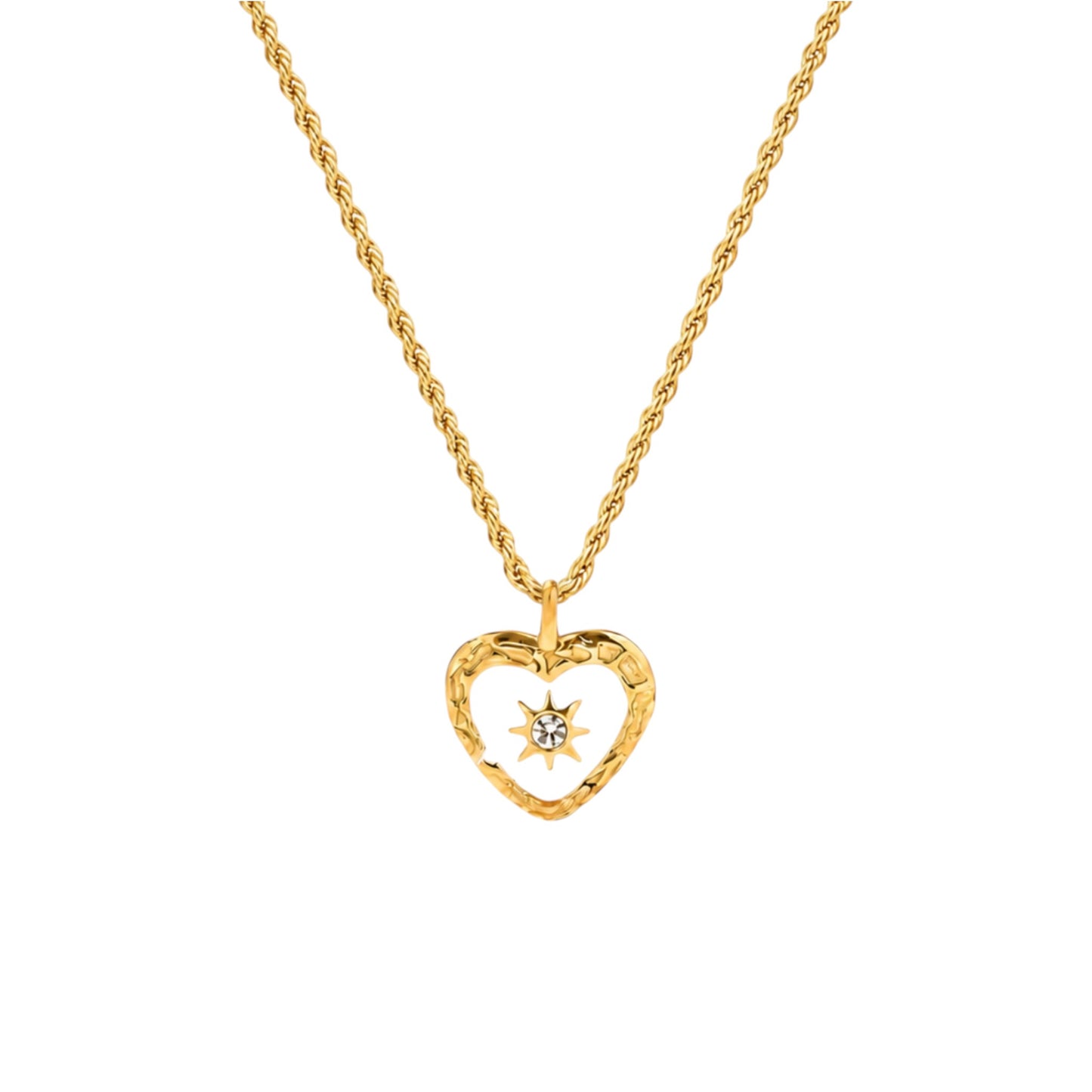 Scandal Kiss gold heart necklace with a central sparkling star, textured edges, and a delicate rope chain.