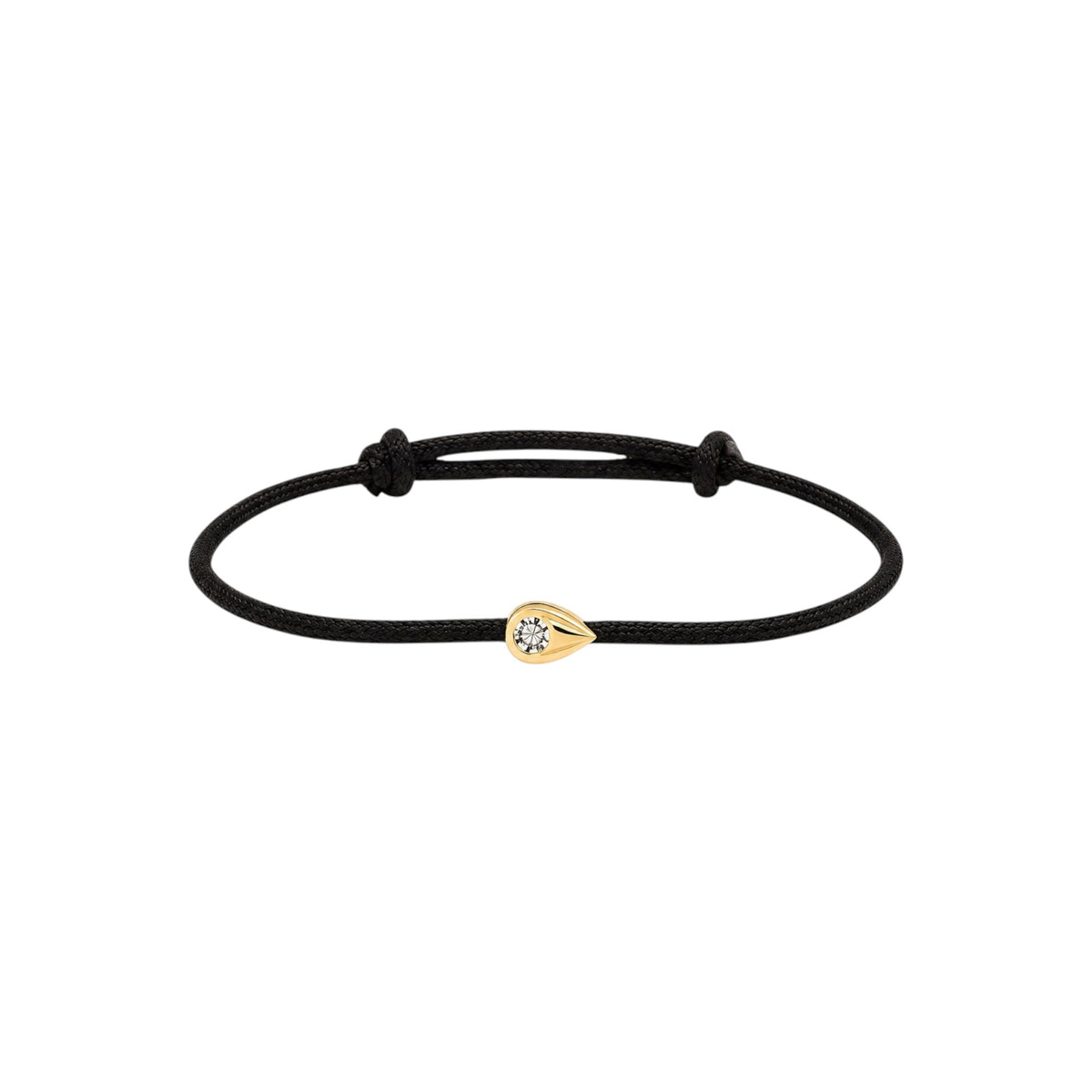 Scandal Kiss gold teardrop charm bracelet on a black adjustable cord with a sparkling zirconia stone accent.