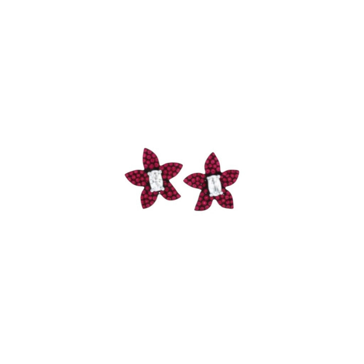 Pink pave flower stud earrings in 925 sterling silver with baguette centre stone