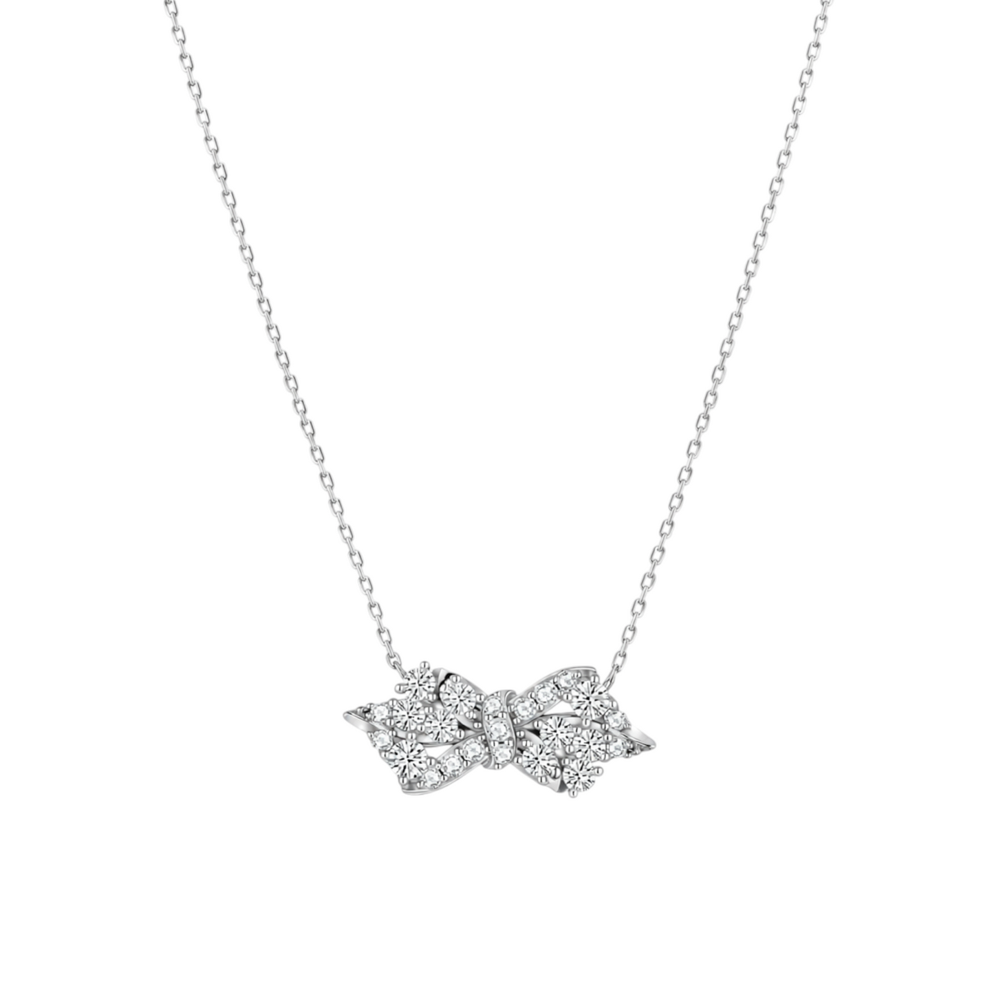 Pavé Bow Necklace in 925 Sterling Silver with White Gold plating featuring an elegant bow adorned with brilliant pavé zirconia