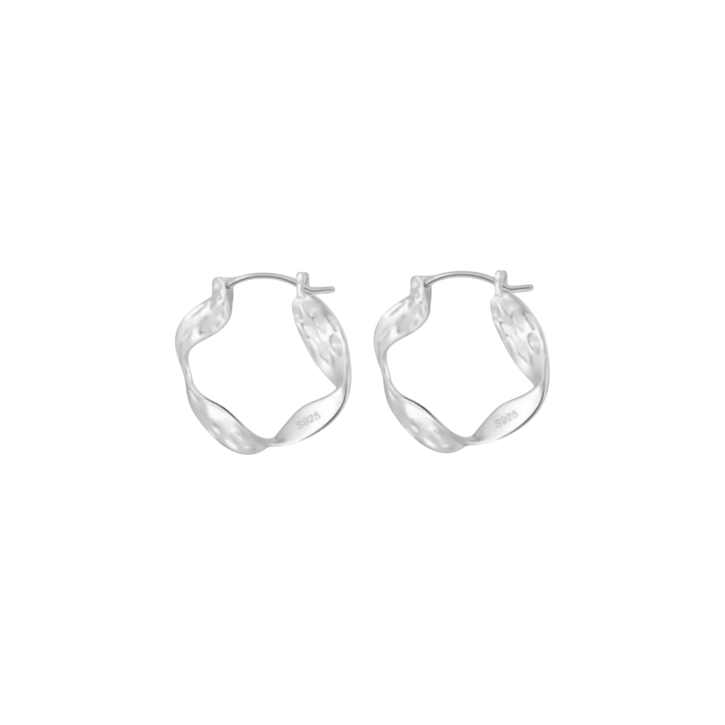 Scandal Kiss white gold plated sterling silver textured hoop earrings with organic sculpted design.