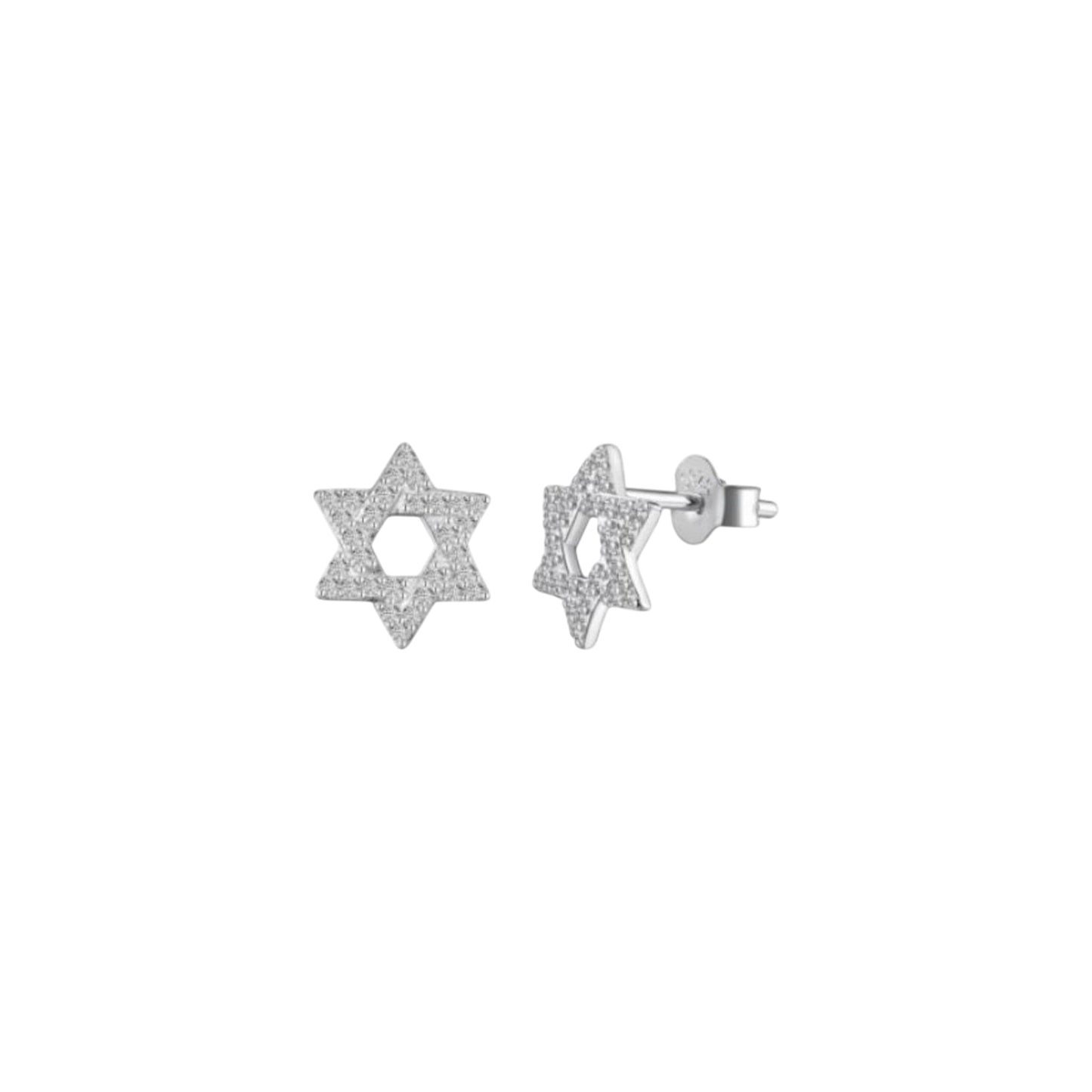 White gold Star of David stud earrings in sterling silver with pavé zirconia detailing