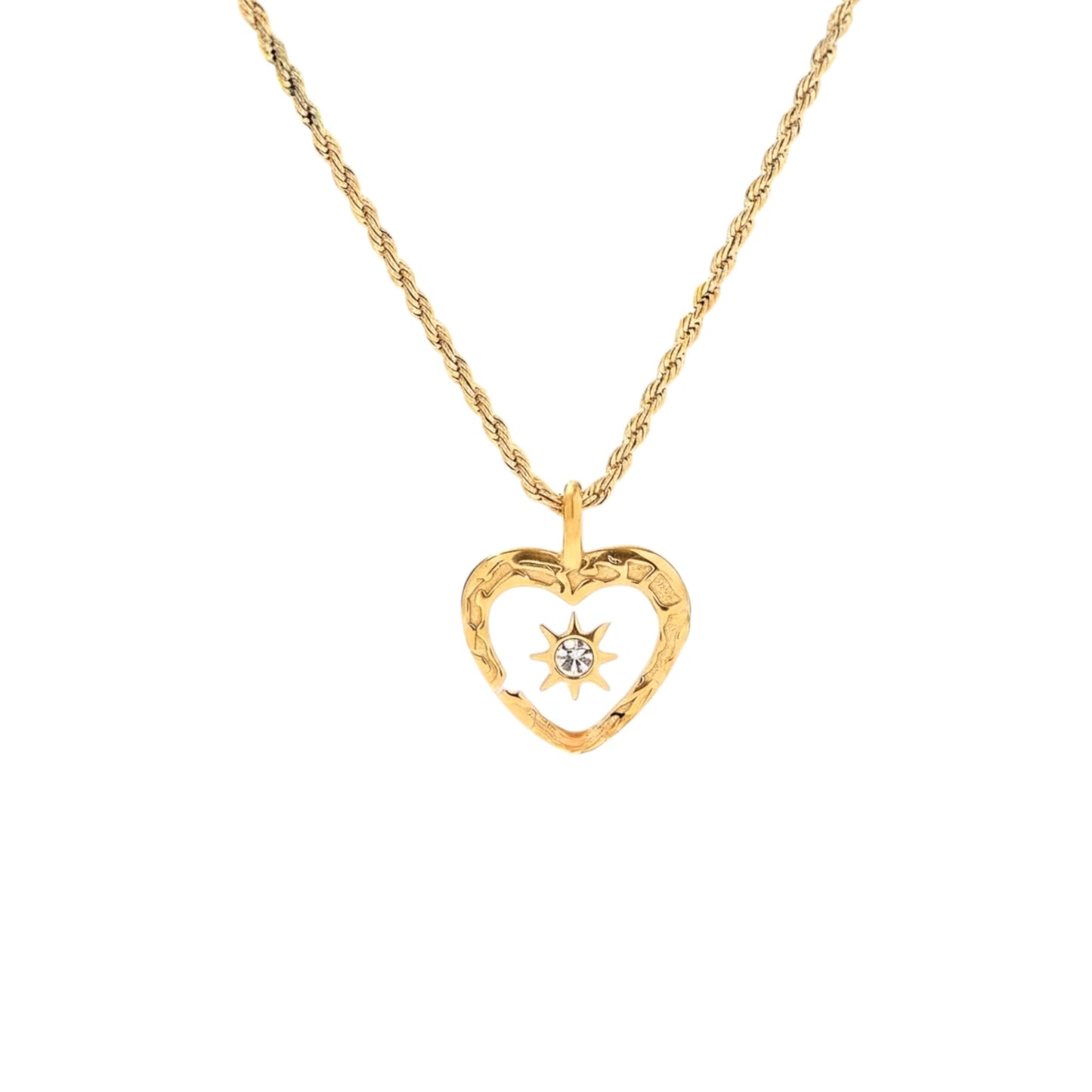 Gold heart pendant necklace with white enamel centre and sparkling sunburst detail