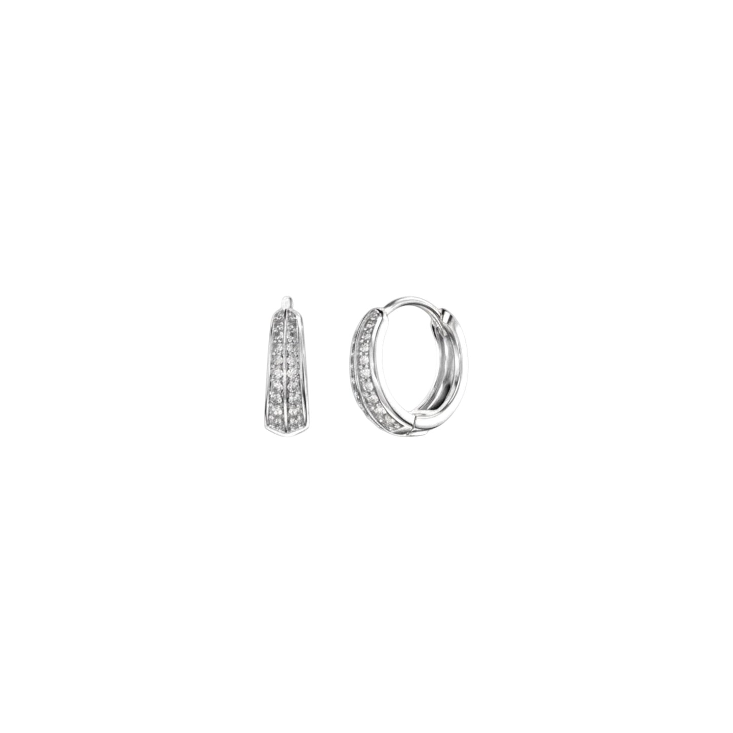 White gold tapered pavé huggie earrings in sterling silver with zirconia detailing