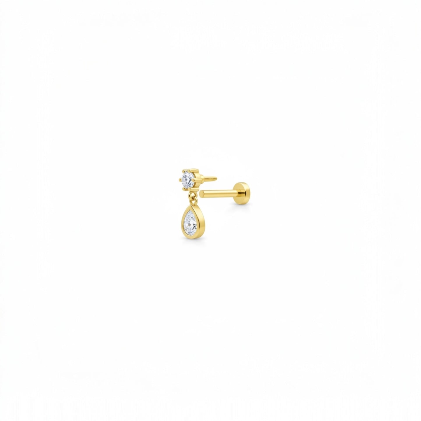 Twin Drop Stud in gold plated sterling silver with zirconia teardrop drop design for helix and cartilage piercings
