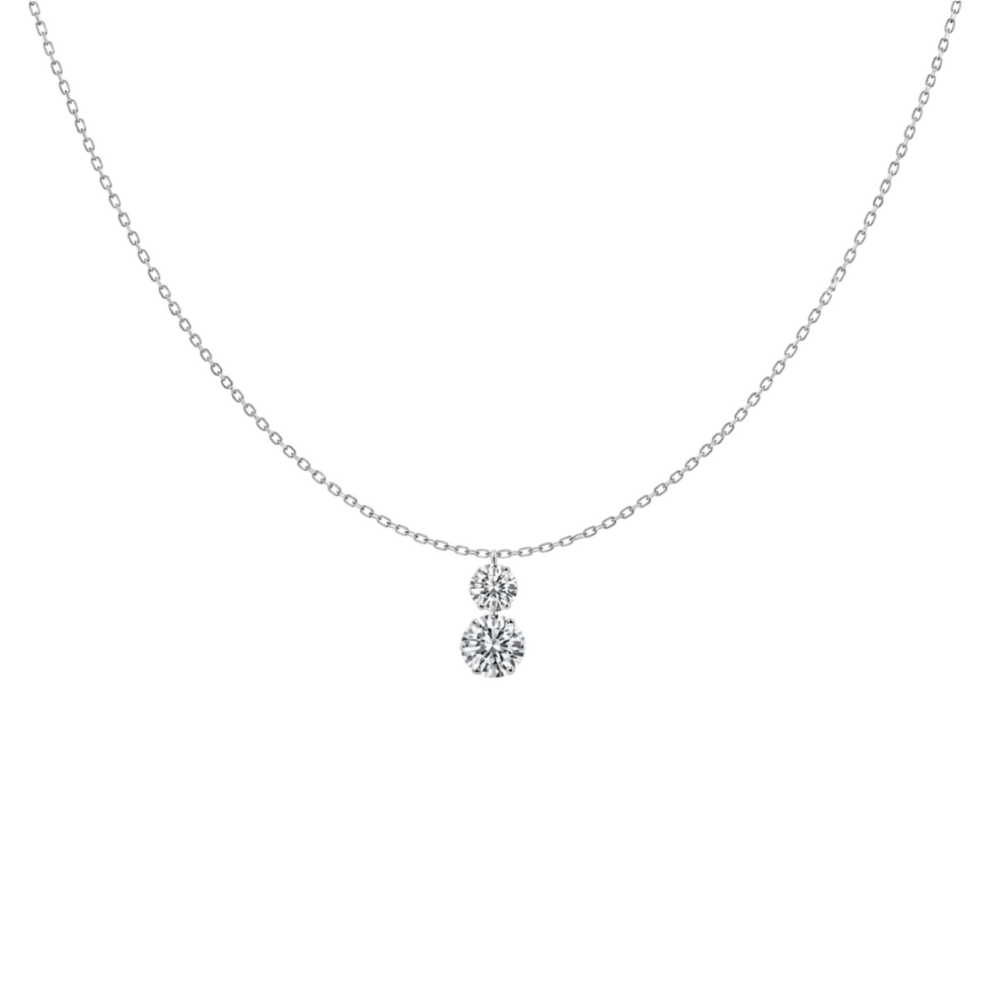 Two Stone Necklace in 925 Sterling Silver with Rhodium plating featuring two shimmering zirconia in a graceful vertical arrangement