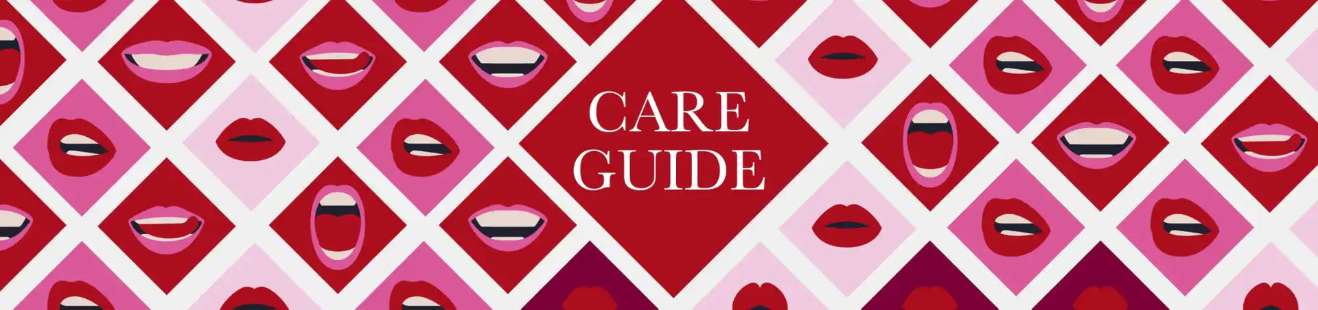 A vibrant, red and pink patterned care guide featuring lips.