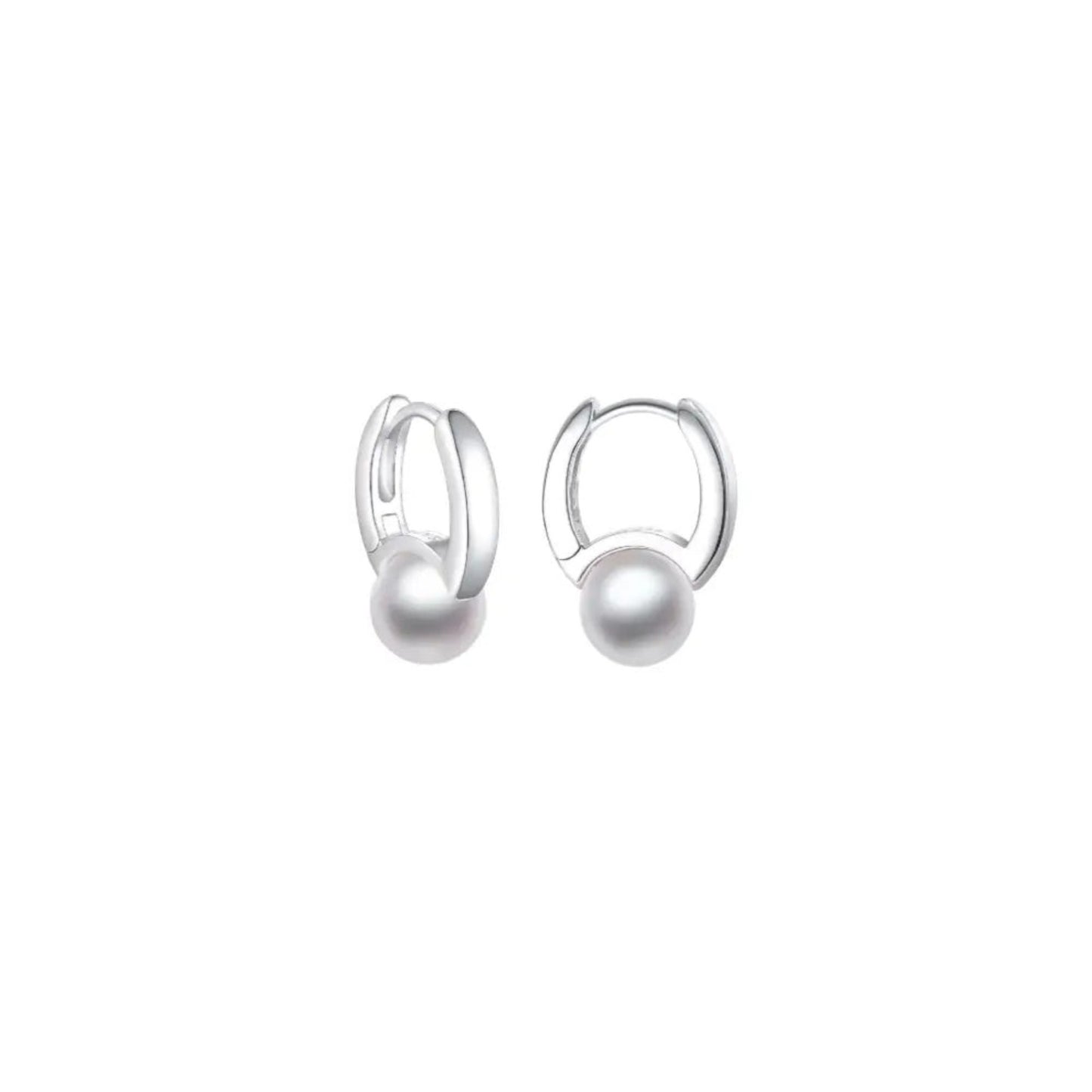 White gold pearl huggie earrings in 925 sterling silver with integrated pearl