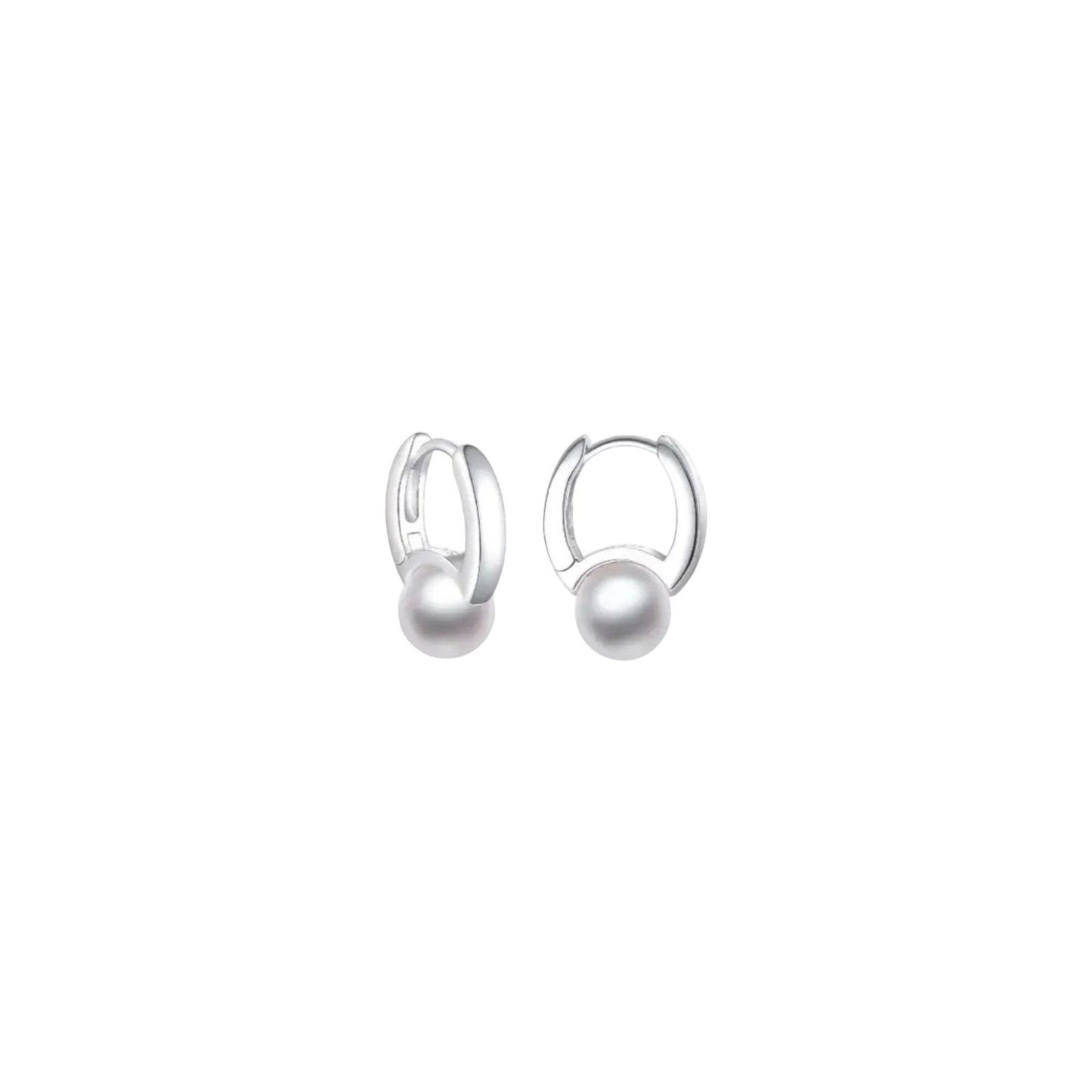 White gold pearl huggie earrings in sterling silver with faux pearl detailing
