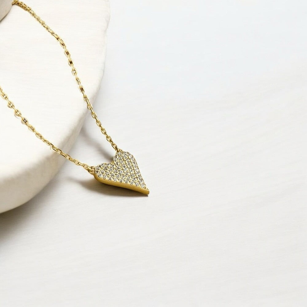 Golden Heart Necklace with Pave Zirconia Detailing