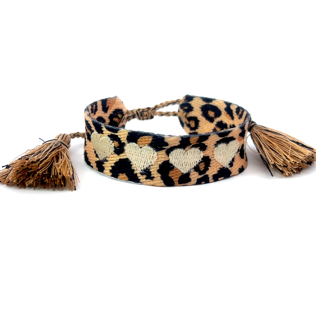 Leopard Print Woven Bracelet with Gold Hearts