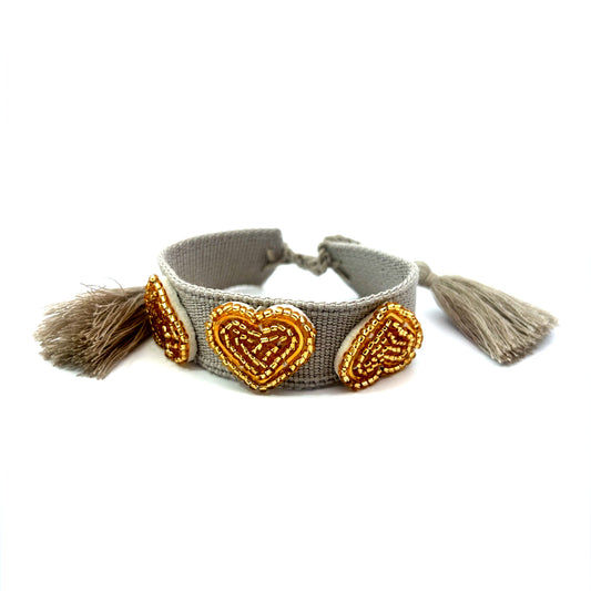 Gold Heart Beaded Bracelet - Grey Band